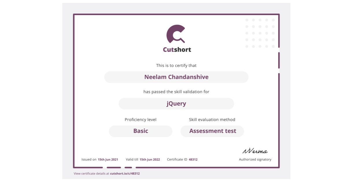Neelam s skill certificate for jquery cutshort